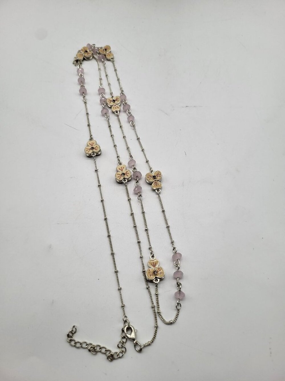 Pretty Pink Bead Cream Enamel Flower Long Necklace Silver Tone - Picture 2 of 5
